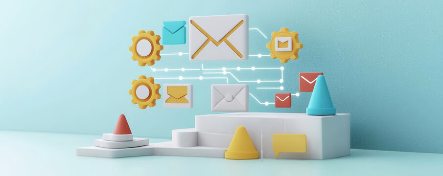 Automated email marketing system, strategic gears, tech flowchart, 3D illustration