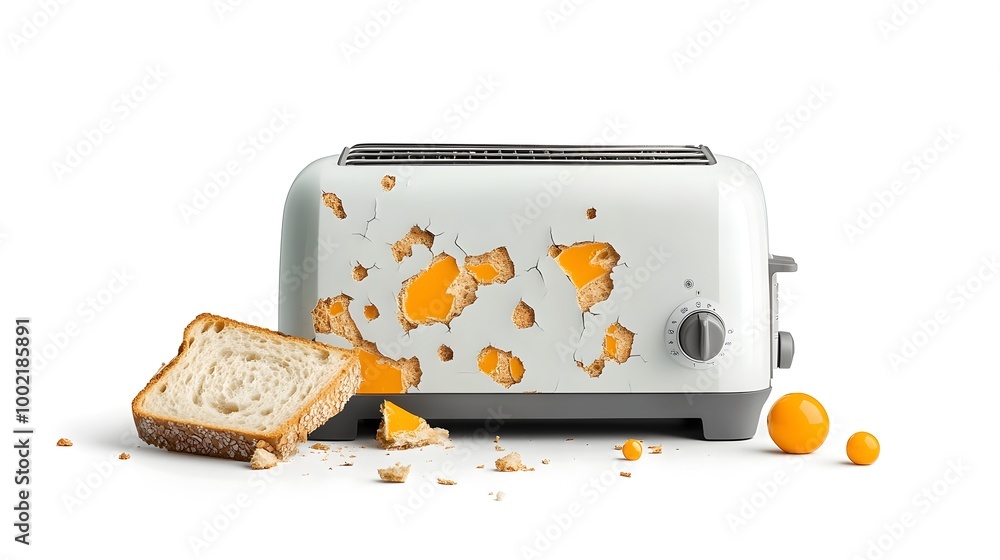 Poster Closeup of a damaged vintage toaster with dents and a broken lever isolated on a plain white background  The appliance appears worn and weathered showcasing its age and the effects of use over time