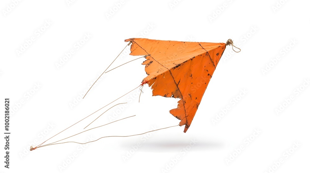 Poster closeup of a dilapidated and torn kite with broken sticks lying abandoned on a plain white backgroun