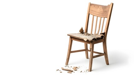 Closeup of a dilapidated vintage wooden chair with a cracked and splintered seat and legs isolated on a plain white background  The old worn furniture piece conveys a sense of decay and abandonment