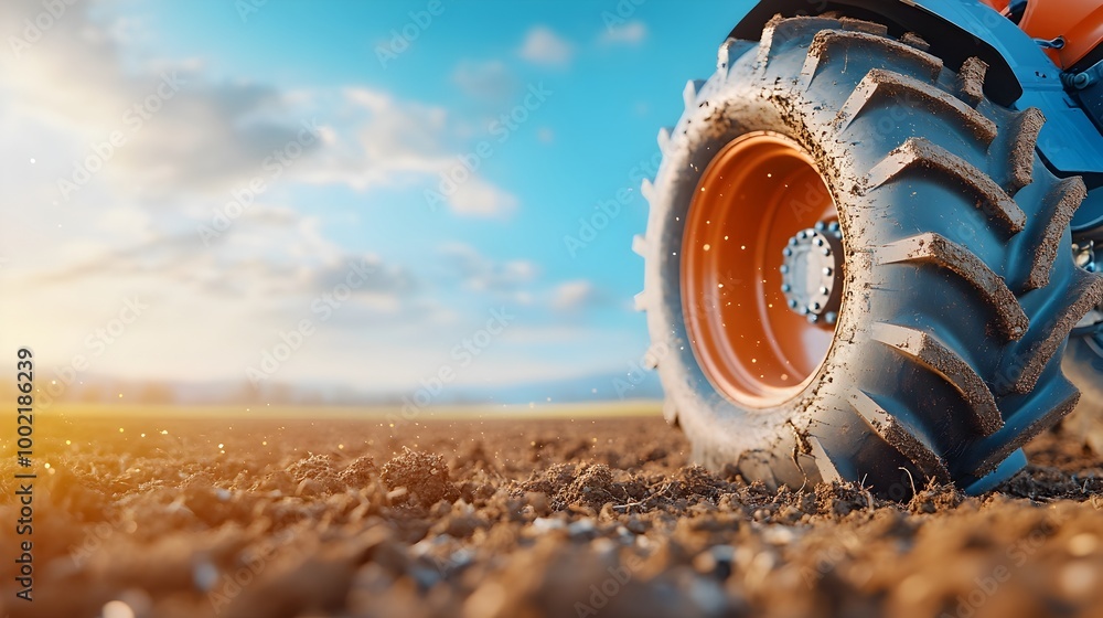 Poster closeup of a large sturdy tractor tire resting on newly plowed fertile soil in a rural agricultural 