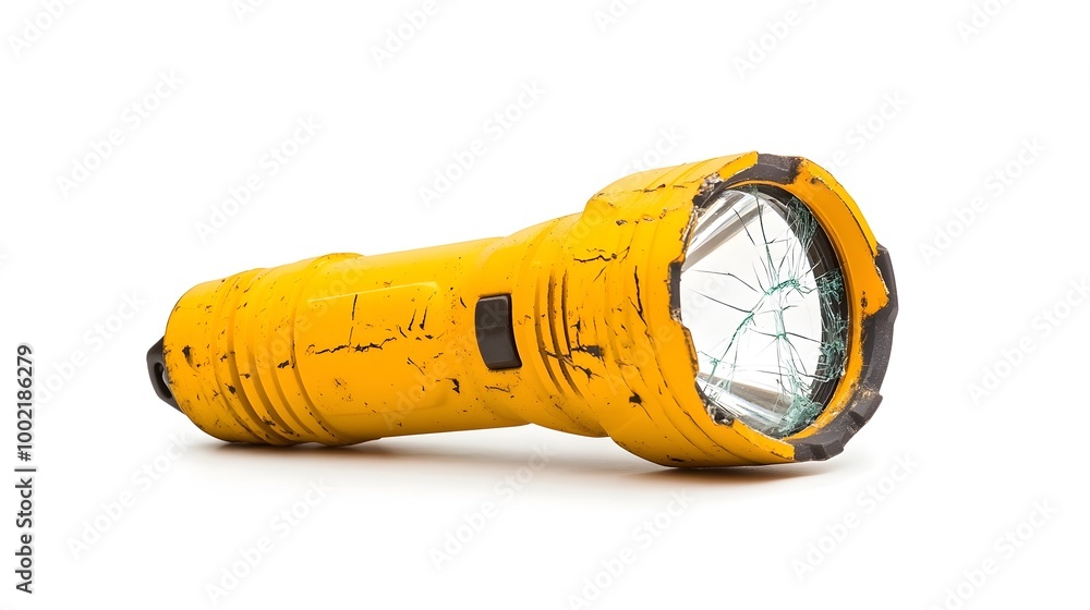 Poster Closeup of a malfunctioning flashlight with its cracked and exposed internal bulb isolated on a plain white studio background  The flashlight appears to be damaged faulty or in disrepair