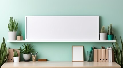 A modern home office setup featuring greenery and minimalist decor in a light green room