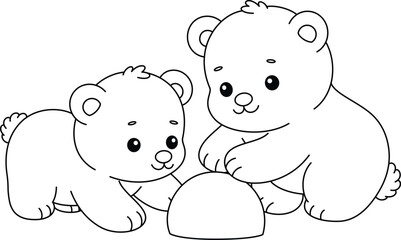 Baby Polar Bear are Playing with Snow Coloring Page. Christmas and Winter Illustration