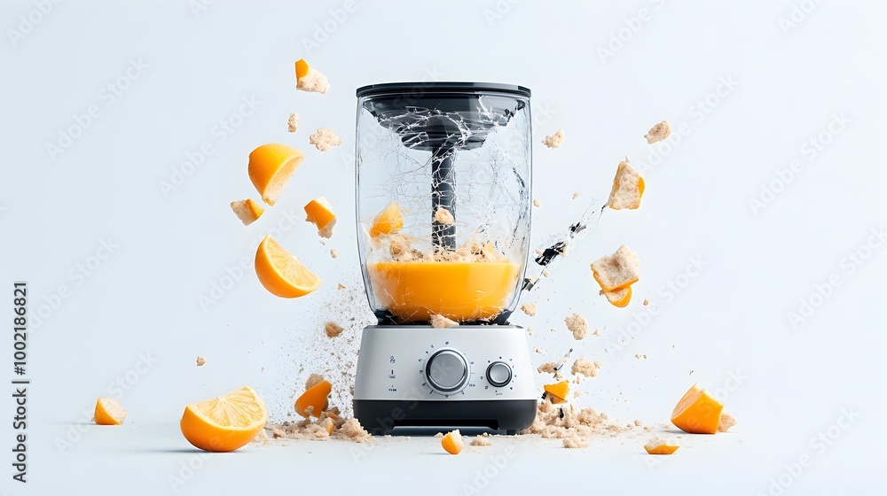 Aufkleber closeup of a smashed and malfunctioning blender with broken glass jar and blades isolated on a clean