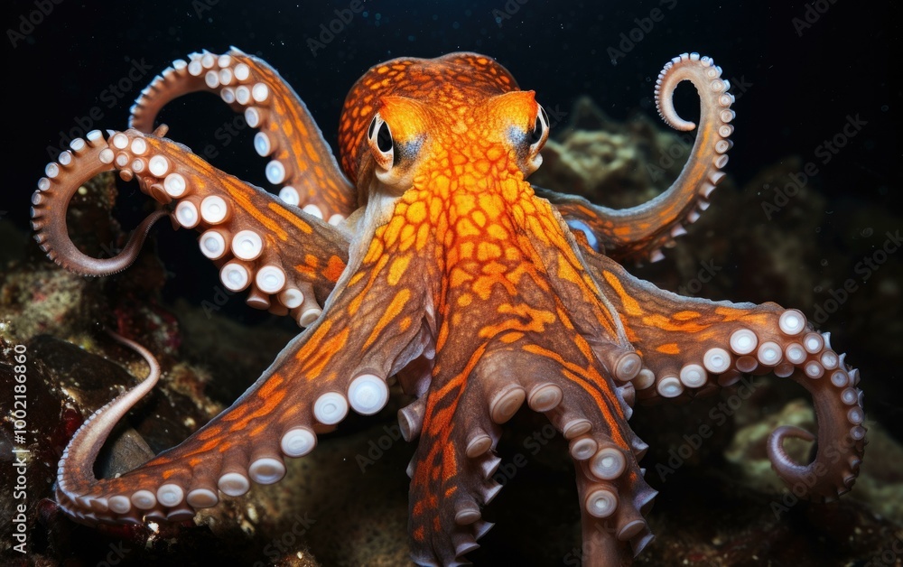Poster an octopus with intricate patterns and large eyes. ai.