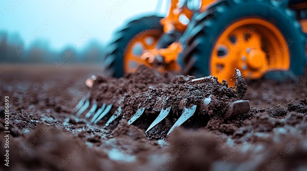 Poster Closeup of a sturdy plow attachment with sharp metallic blades covered in rich dark earth  This agricultural implement is used for cultivating and tilling fields and farmland