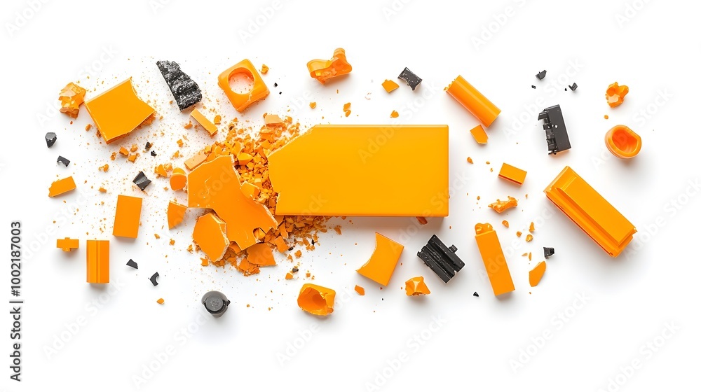 Fototapete Closeup of a smashed and shattered plastic toy with broken and missing parts scattered on a clean white background  Conceptual image depicting destruction damage and neglect of an inanimate object
