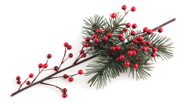 Festive pine branch with bright red berries and green needles, perfect for holiday decorations and winter season celebrations, isolated on blank white or transparent background