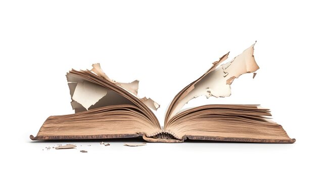Closeup of an old worn and damaged book with torn tattered pages and a broken spine isolated against a plain white background  The book appears weathered and distressed evoking a sense of age