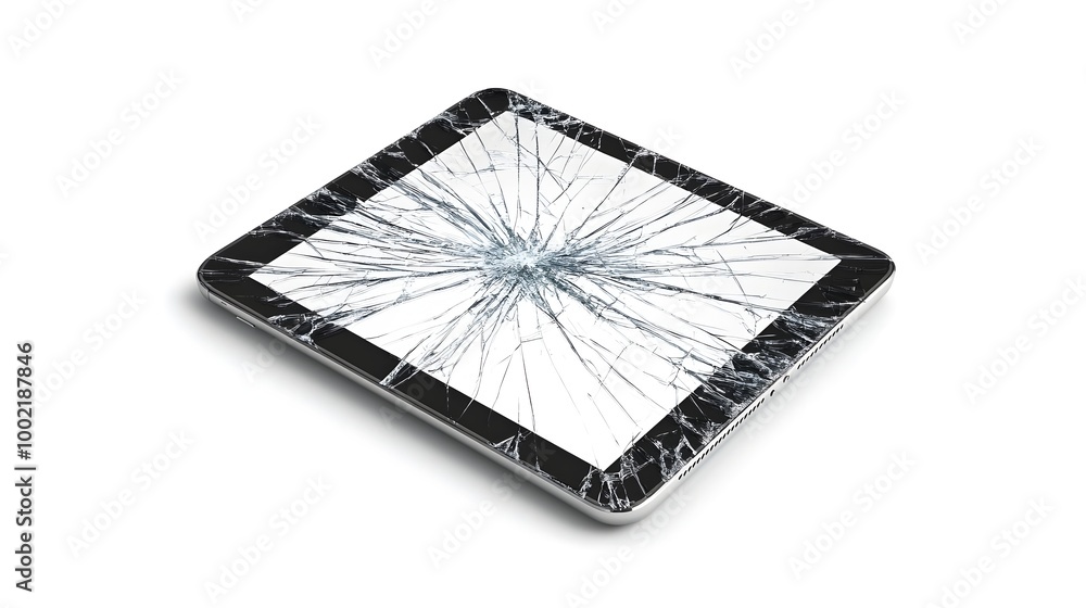 Aufkleber Closeup view of a broken tablet screen with deep intricate cracks and fractures running across the glass isolated on a clean white background  Concept of technology failure device damage