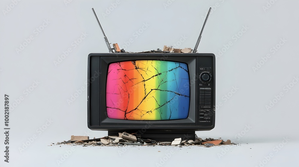 Poster Closeup view of a cracked unusable television screen with vibrant rainbow lines across the damaged display isolated on a plain white studio background  The broken
