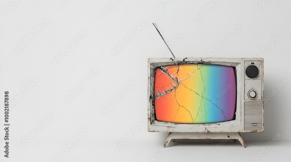 Poster closeup view of a cracked and unusable television or monitor screen with colorful rainbow like lines