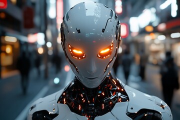 Fototapeta premium A humanoid robot with glowing eyes stands in a crowded city street.