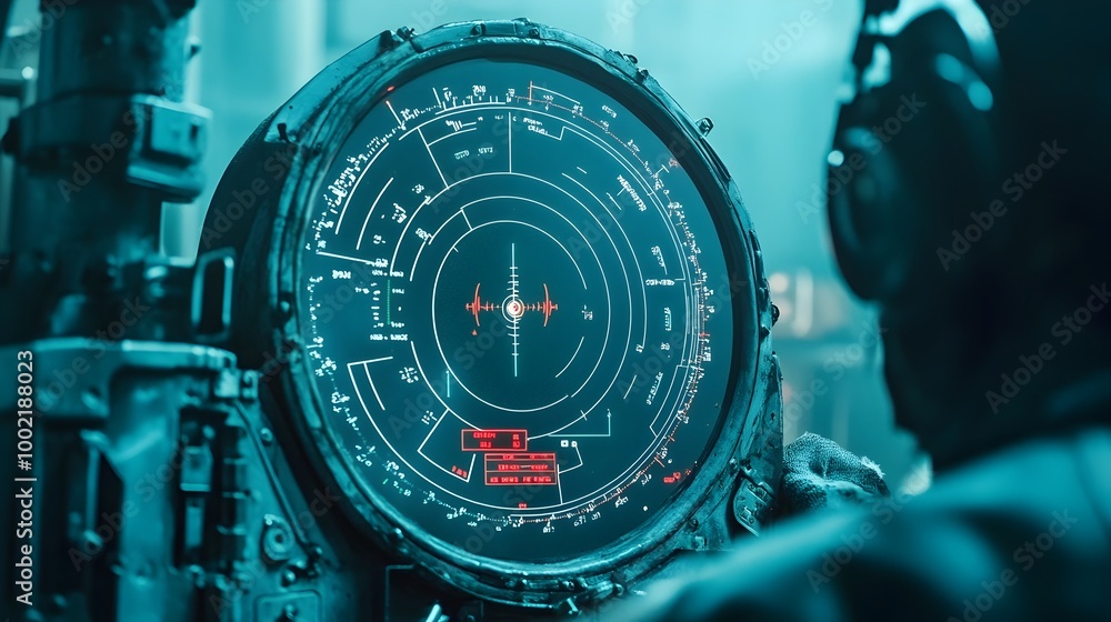 Poster closeup view of a detailed submarine radar screen showing various underwater activity and depth meas