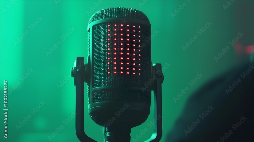 Poster Closeup view of a professional microphone with tiny LED lights glowing inside creating a futuristic high tech vibe  The metallic and minimalist design gives it an aesthetic