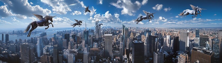 Flying unicorns over city