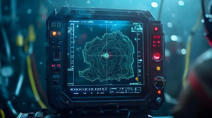 Closeup view of a high tech sonar radar screen displaying detailed underwater topography and seafloor mapping data