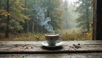 Tasse de café fumante dans une forêt d'automne