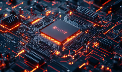 Fototapeta premium Futuristic AI Chip with Neon Circuits and Dynamic Data Streams in High-Tech Digital Environment