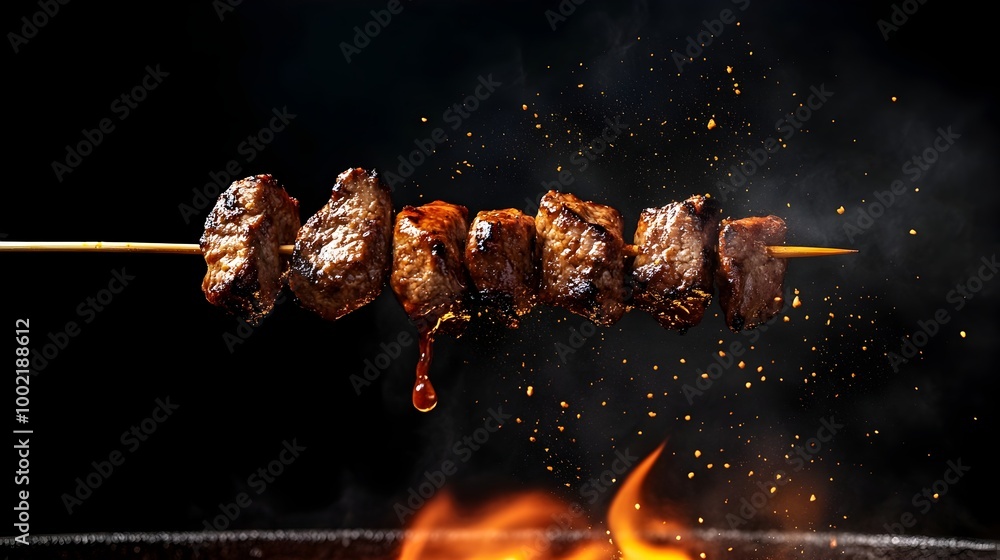 Poster closeup view of appetizing skewered beef kebabs grilling with glistening juices over open flames iso