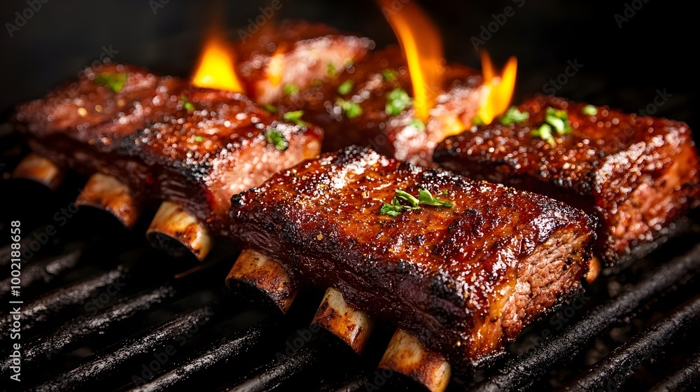 Aufkleber closeup view of beef short ribs being grilled with flames licking the edges and fat rendering all is
