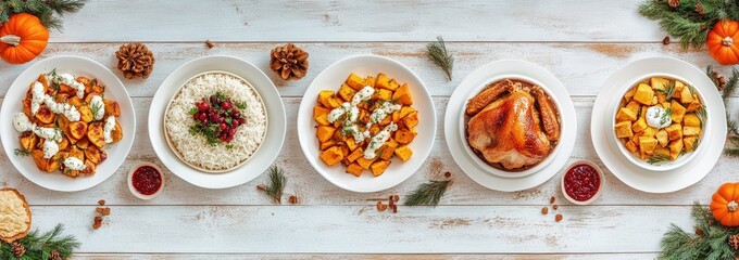 Panoramic view of a traditional Thanksgiving dinner with side dishes on a white wooden table....