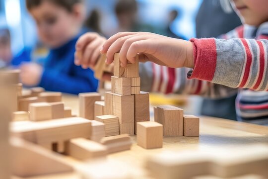 A child's hand placing a wooden block on top of a tower of wooden blocks.