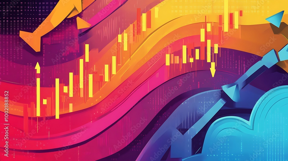 Poster Abstract colorful background with upward and downward arrows and a wave pattern.