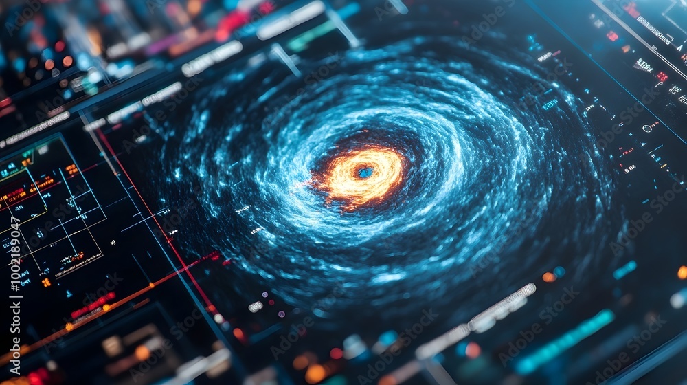 Poster Colorful and vibrant storm patterns and weather data displayed on a radar screen providing real time atmospheric insights and meteorological information for weather forecasting climate analysis