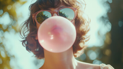A woman wearing sunglasses blowing pink bubble gum