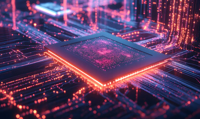Obraz premium Futuristic AI Chip with Neon Circuits and Dynamic Data Streams in High-Tech Digital Environment