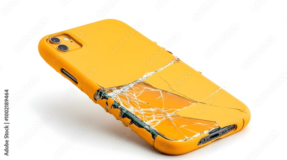 Poster cracked and broken smartphone case isolated on white background with focus on the damaged surface an