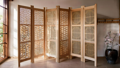 An elegant folding screen room divider with intricate floral patterns, blending traditional Japanese design and modern aesthetics. The screen’s panels are made of light wood and semi-transparent paper