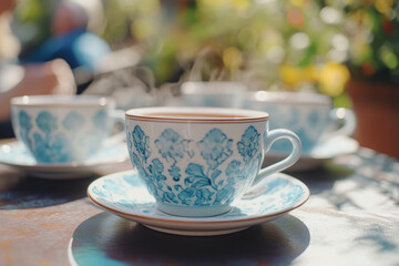 Fototapeta premium A close-up of delicate porcelain tea cups with intricate blue patterns, filled to the brim and steaming hot, set on an outdoor table in soft sunlight, blurred background.