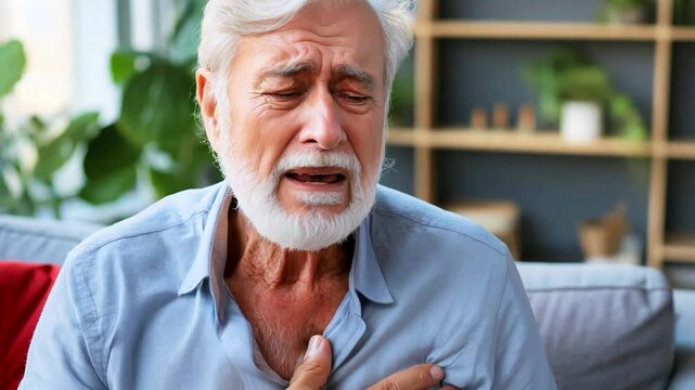 Elderly man having heart attack and acute pain at home