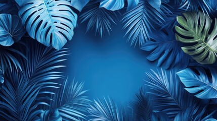 Botanical Banner with Tropical Palm Leaves in Blue Tones for Wallpaper, Print, Decor, Packaging, and Design Projects