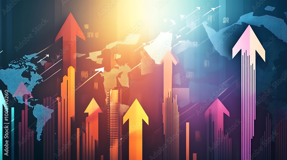 Poster a colorful abstract background with arrows pointing up and a world map, symbolizing growth and succe