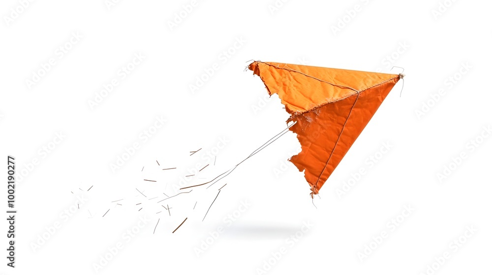 Poster damaged and torn kite with broken wooden sticks isolated on a plain white background representing th