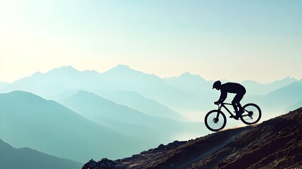 Obraz premium Cyclist racing down a challenging mountain trail their silhouette framed by the rugged landscape and bright morning light capturing the thrill and adventure of outdoor sports