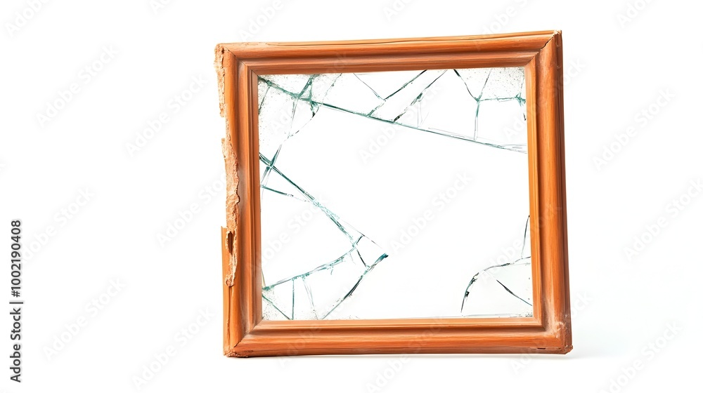 Aufkleber damaged vintage picture frame with cracked glass and a bent frame isolated on a plain white backgrou