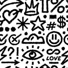 Grunge pattern naive shapes, lines, forms brush hand drawn style bold curved crown, star, arrow vector 10 eps