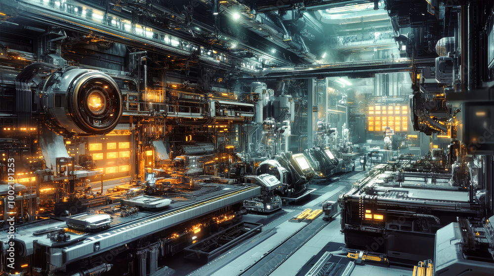Poster explore the harmony between robotics and machinery in a state-of-the-art factory, where innovation d