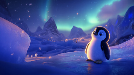 penguin with the stunning ice landscape and northern lights in the background. Cinematic lighting, Children's Fairy Tale Style, anime style