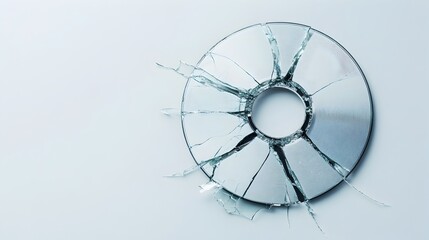 Detailed close up shot of a severely cracked and damaged compact disc CD with cracks and fractures running through its reflective surface isolated on a clean white background