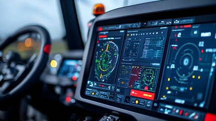 Detailed close up shot of the control panel of a state of the art farming vehicle showcasing its advanced digital displays high tech interfaces and precision agricultural technology