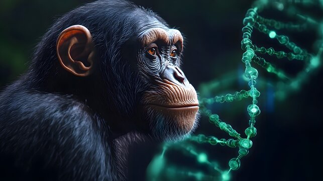 Chimpanzee and DNA: A contemplative chimpanzee looks off-camera, its gaze reflecting the complex connection between humans and our primate relatives. A glowing.