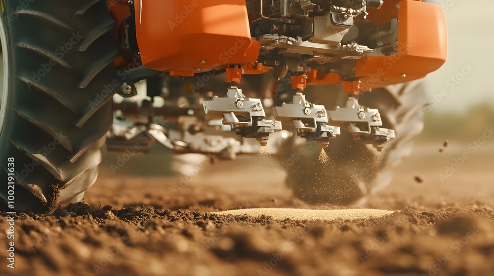 Poster detailed close up shot showcasing the intricate mechanical components of a seed drill precisely plac