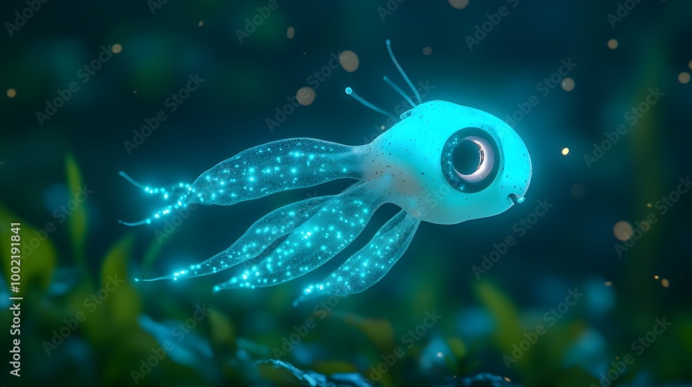 Poster Detailed close up view of a glowing firefly squid with its mesmerizing blue bioluminescent light patterns in the deep dark ocean