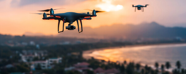 Drones soaring over a picturesque sunset landscape by the coast, capturing stunning aerial views.